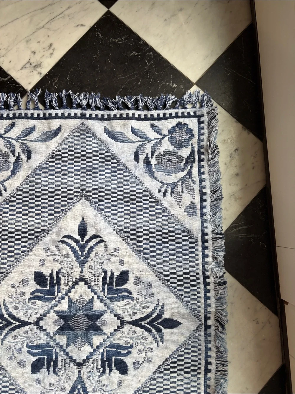 Blue & White Floral Diamond Accent Rug